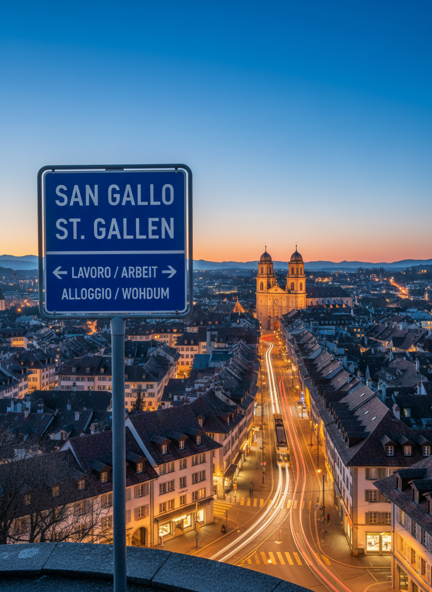 A detailed cityscape of St. Gallen at dusk, captured from an elevated vantage point, with historic rooftops, the cathedral towers, and modern tram lines weaving through the streets. In the foreground, a sturdy dark-blue road sign stands sharply in focus, labeled with clearly readable Italian and German directions, while additional smaller signs below point toward work, housing, and study areas. Cool blue hour light mixes with warm street lamps, creating a balanced, professional photographic realism. The atmosphere is calm and orderly, with crisp air and clear skies, shot with deep depth of field to keep architectural details sharp, representing orientation and guidance for Italians settling in Eastern Switzerland.